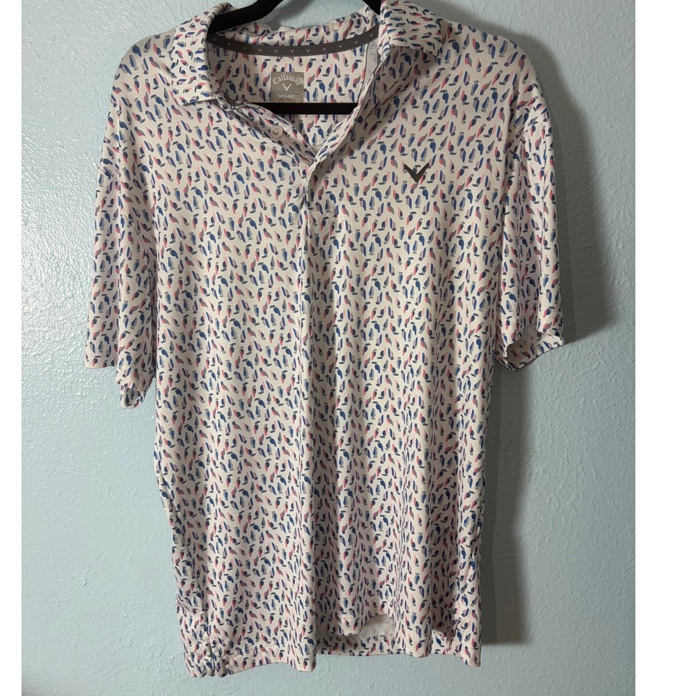 Callaway Opti-Dri Mens Small Golf Polo Shirt Toucan Parrot Bird Print White Pink